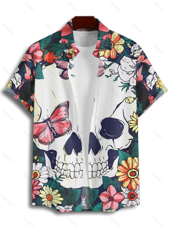 Chemise gothique à manches courtes et boutons pour homme, motif floral, motif tête de mort, papillon, vacances - multicolor 4XL