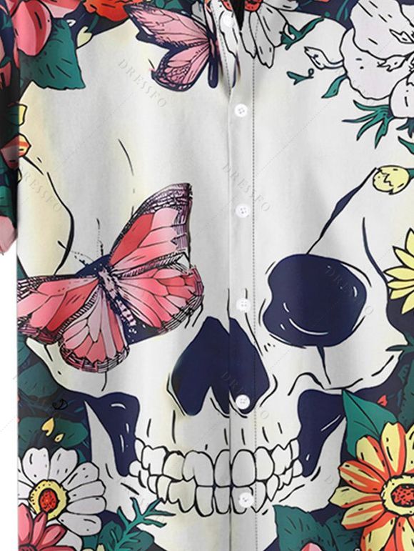 Chemise gothique à manches courtes et boutons pour homme, motif floral, motif tête de mort, papillon, vacances - multicolor 4XL