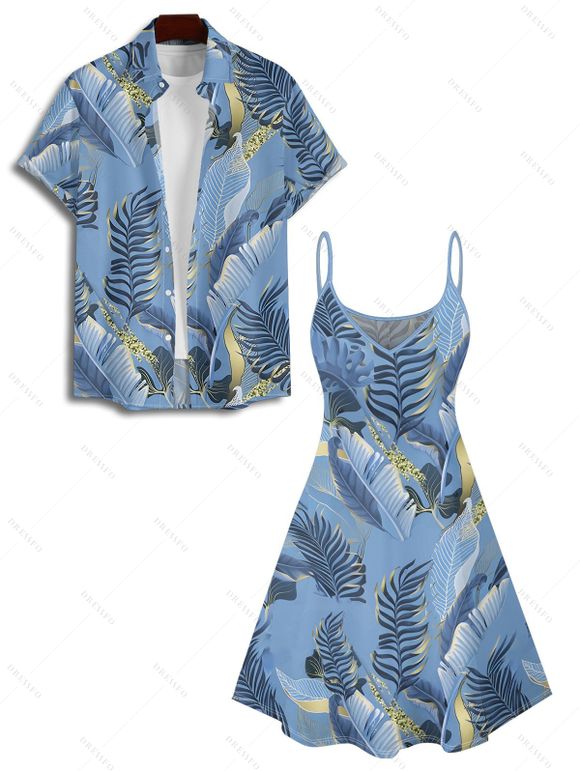 Beach Couple Outfit Tropical Leaf Print Spaghetti Strap V Neck A Line Mini Tank Dress and Button Up Shirt Matching Outfit - Bleu gris S | US 4