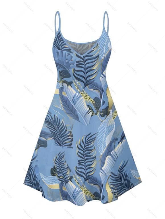 Beach Couple Outfit Tropical Leaf Print Spaghetti Strap V Neck A Line Mini Tank Dress and Button Up Shirt Matching Outfit - Bleu gris S | US 4