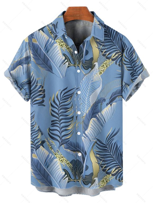 Beach Couple Outfit Tropical Leaf Print Spaghetti Strap V Neck A Line Mini Tank Dress and Button Up Shirt Matching Outfit - Bleu gris S | US 4