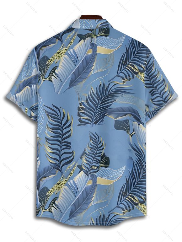 Beach Couple Outfit Tropical Leaf Print Spaghetti Strap V Neck A Line Mini Tank Dress and Button Up Shirt Matching Outfit - Bleu gris S | US 4