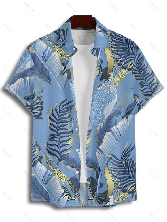 Beach Couple Outfit Tropical Leaf Print Spaghetti Strap V Neck A Line Mini Tank Dress and Button Up Shirt Matching Outfit - Bleu gris S | US 4