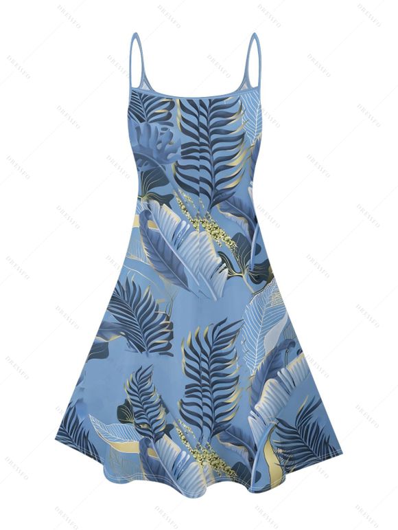 Robe de plage à imprimé feuilles tropicales, bretelles spaghetti, col en V, coupe trapèze, mini-robe décontractée - Bleu gris XXXL | US 16