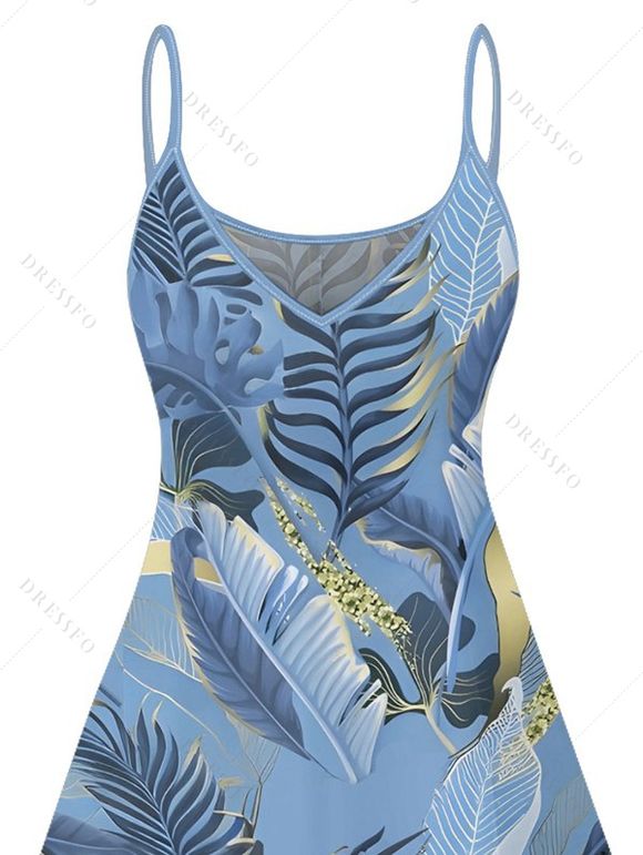 Robe de plage à imprimé feuilles tropicales, bretelles spaghetti, col en V, coupe trapèze, mini-robe décontractée - Bleu gris XXXL | US 16