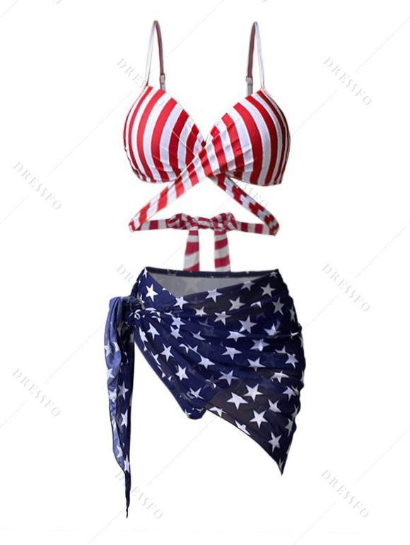 Maillot de bain trois pièces croisé à rayures et étoiles, motif drapeau américain, style patriotique, noué sur le côté, pour la fête de l'indépendance - multicolor L | US 8
