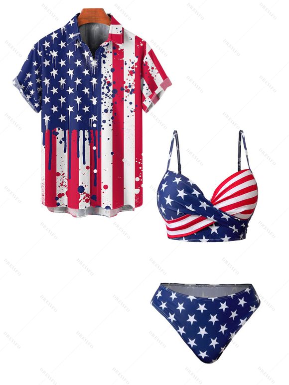 Independence Day Couple Outfit American Flag Print Twisted Underwire Tankini Swimsuit and Button Up Shirt Patriotic Matching Outfit - multicolor S | US 4
