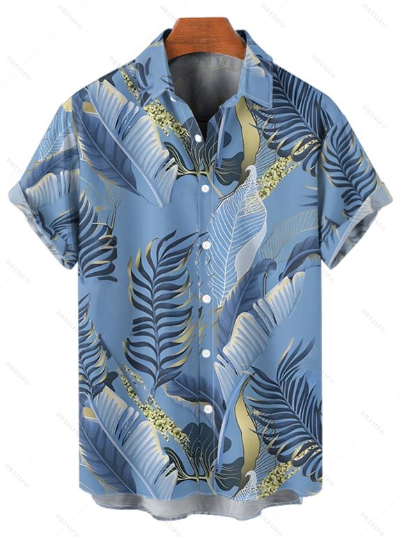 Chemise de plage à imprimé feuilles tropicales pour homme, boutonnée, retroussée, manches courtes, décontractée - Bleu gris S