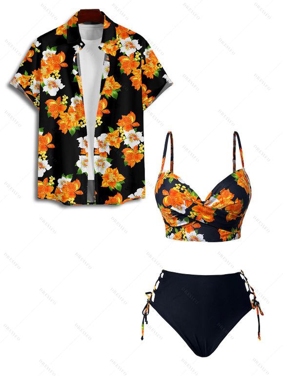 Vacation Couple Outfit Floral Print Twisted Lace Up Hollow Out Briefs Underwire Tankini Swimsuit and Button Up Shirt Beach Matching Outfit - Noir S | US 4