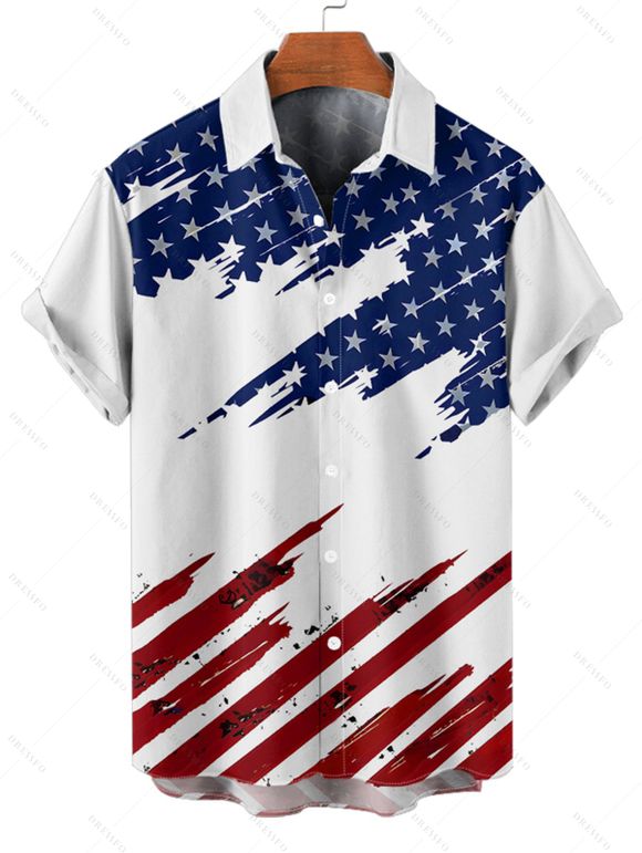 Chemise patriotique à rayures étoilées pour homme, motif drapeau américain, boutonnée, retroussée, manches courtes, pour le jour de l'indépendance - Blanc 5XL