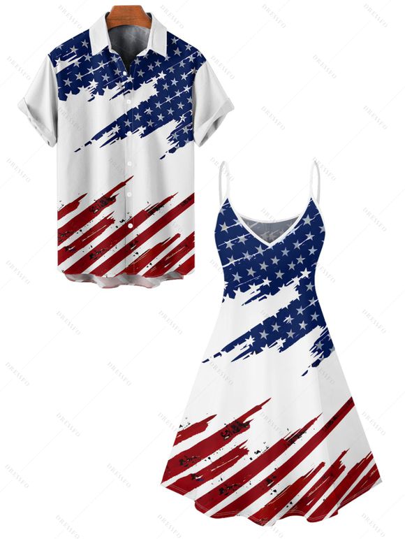 Independence Day Couple Outfit Star Striped American Flag Pattern Spaghetti Strap Tank Dress and Button Up Shirt Patriotic Matching Outfit - Blanc S | US 4