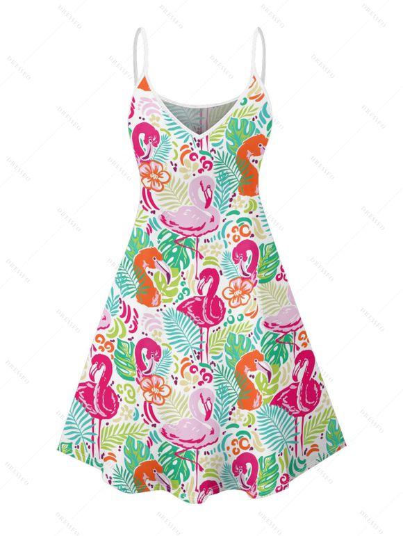 Robe de vacances à motif floral et flamant rose, bretelles spaghetti, col en V, coupe trapèze, mini, décontractée - multicolor A XXL | US 14