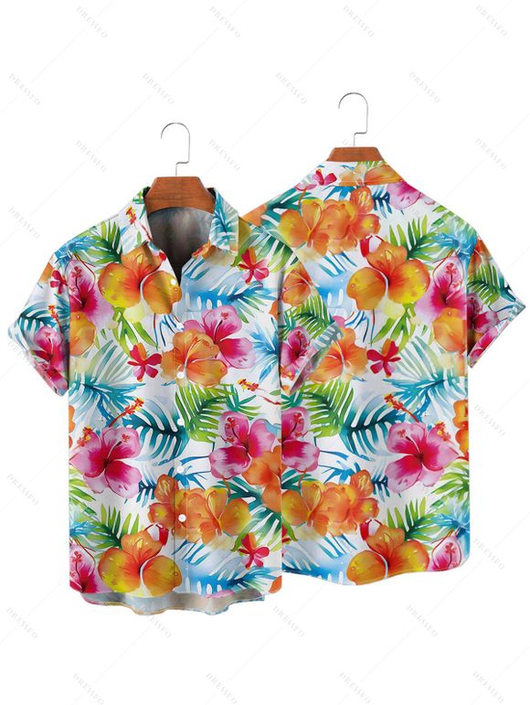 Chemise hawaïenne à manches courtes et boutons pour homme, motif floral tropical et feuilles - Blanc 4XL