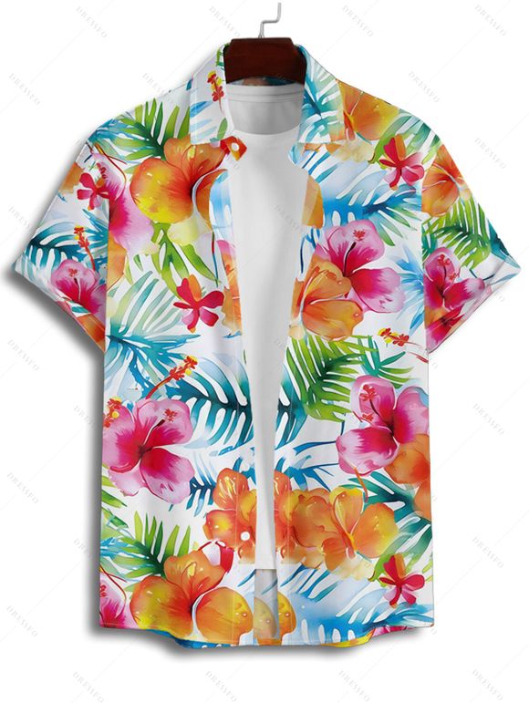 Chemise hawaïenne à manches courtes et boutons pour homme, motif floral tropical et feuilles - Blanc 4XL