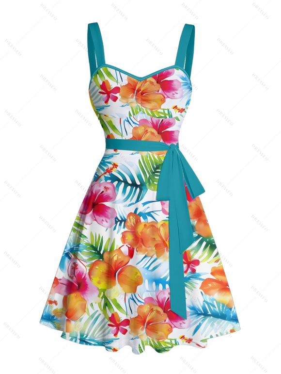 Robe de vacances à motif floral tropical et feuilles, ceinture froncée sur le buste, col en cœur, mini robe hawaïenne trapèze - Blanc XXXL | US 16
