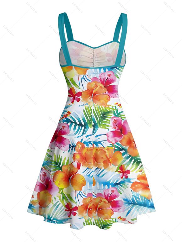 Robe de vacances à motif floral tropical et feuilles, ceinture froncée sur le buste, col en cœur, mini robe hawaïenne trapèze - Blanc XXXL | US 16