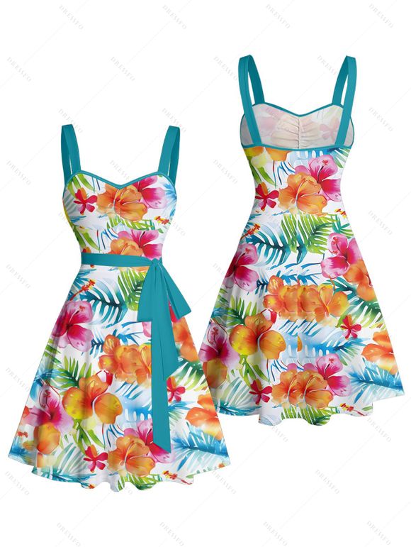 Robe de vacances à motif floral tropical et feuilles, ceinture froncée sur le buste, col en cœur, mini robe hawaïenne trapèze - Blanc XXXL | US 16