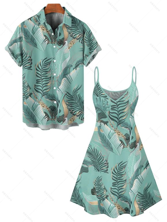 Beach Couple Outfit Tropical Leaf Print Spaghetti Strap V Neck A Line Mini Tank Dress and Button Up Shirt Matching Outfit - Vert clair S | US 4