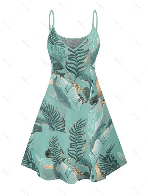 Beach Couple Outfit Tropical Leaf Print Spaghetti Strap V Neck A Line Mini Tank Dress and Button Up Shirt Matching Outfit - Vert clair S | US 4