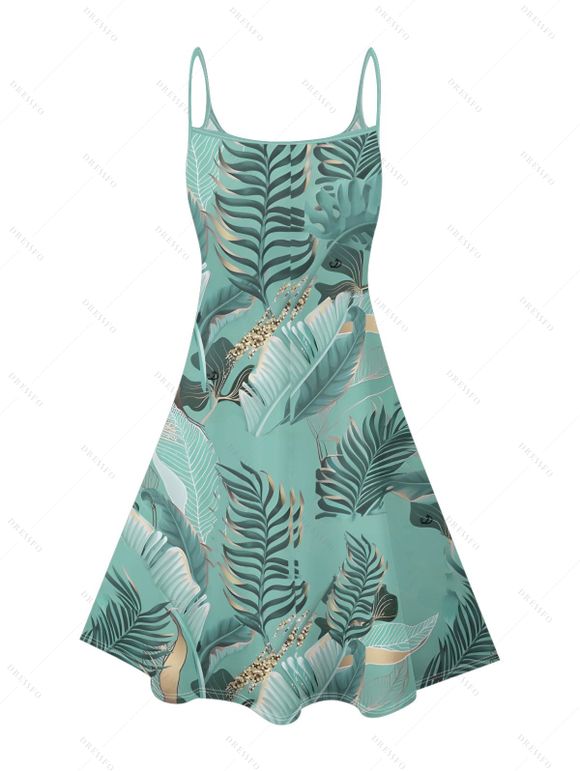 Beach Couple Outfit Tropical Leaf Print Spaghetti Strap V Neck A Line Mini Tank Dress and Button Up Shirt Matching Outfit - Vert clair S | US 4
