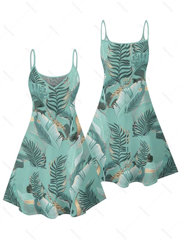 Beach Couple Outfit Tropical Leaf Print Spaghetti Strap V Neck A Line Mini Tank Dress and Button Up Shirt Matching Outfit - Vert clair S | US 4