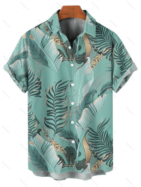 Beach Couple Outfit Tropical Leaf Print Spaghetti Strap V Neck A Line Mini Tank Dress and Button Up Shirt Matching Outfit - Vert clair S | US 4