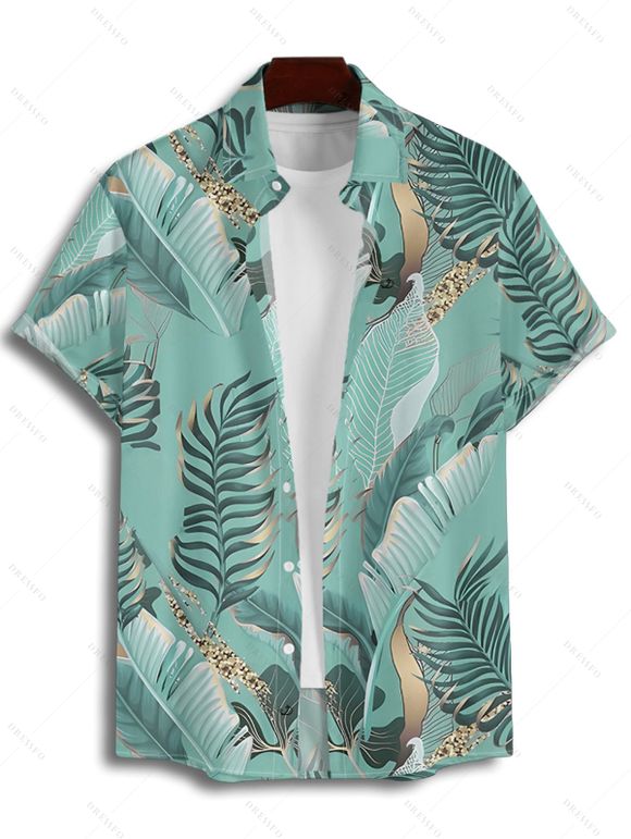 Beach Couple Outfit Tropical Leaf Print Spaghetti Strap V Neck A Line Mini Tank Dress and Button Up Shirt Matching Outfit - Vert clair S | US 4