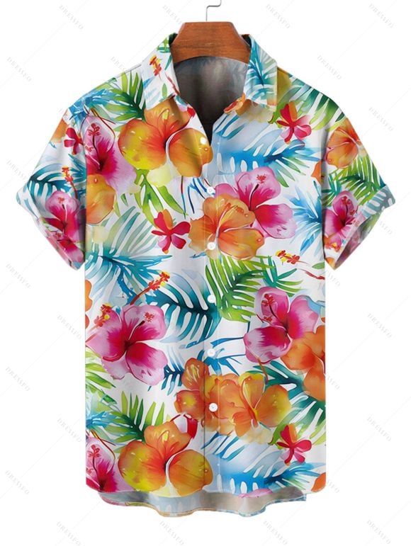 Vacation Couple Outfit Tropical Floral Leaf Pattern Ruched Bust Belt Dress and Button Up Shirt Hawaii Matching Outfit - Blanc S | US 4