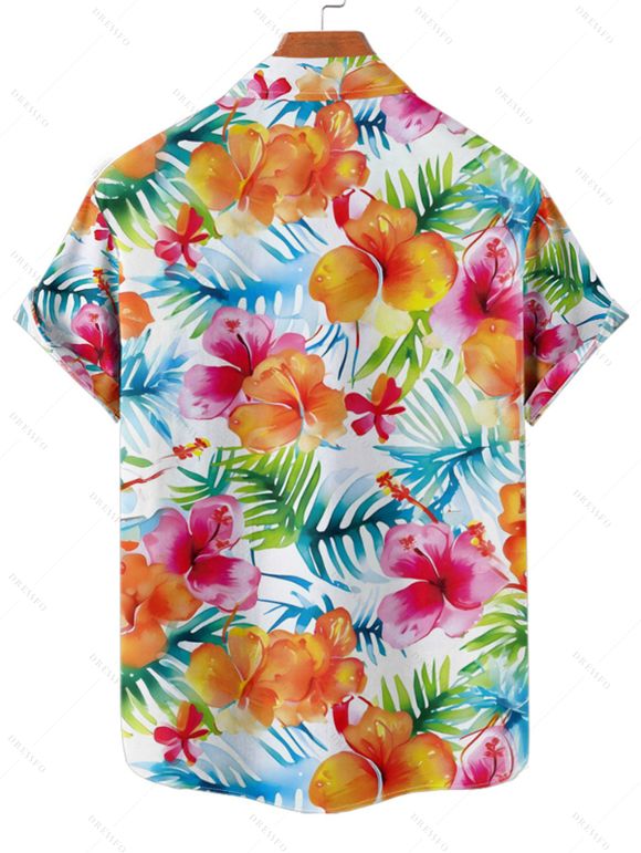 Vacation Couple Outfit Tropical Floral Leaf Pattern Ruched Bust Belt Dress and Button Up Shirt Hawaii Matching Outfit - Blanc S | US 4