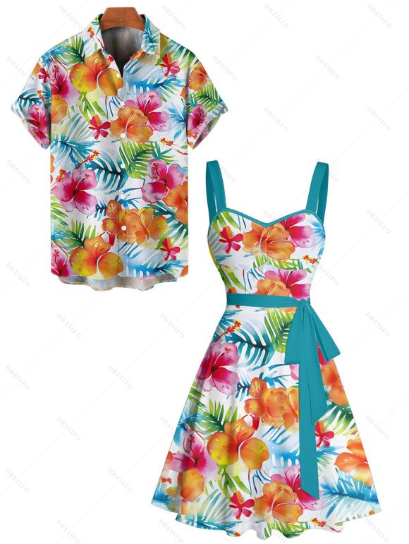 Vacation Couple Outfit Tropical Floral Leaf Pattern Ruched Bust Belt Dress and Button Up Shirt Hawaii Matching Outfit - Blanc S | US 4