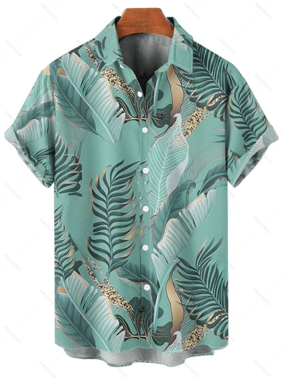 Chemise de plage à imprimé feuilles tropicales pour homme, boutonnée, retroussée, manches courtes, décontractée - Vert clair XL