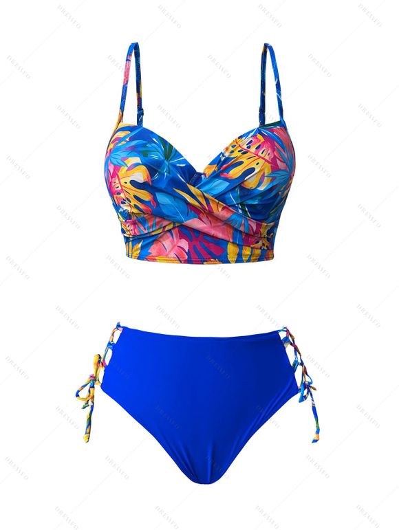 Maillot de bain tankini à imprimé floral, bretelles spaghetti torsadées, lacets, ajouré, à armatures, push-up, pour les vacances - Bleu XL | US 10
