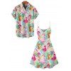 Vacation Couple Outfit Floral Leaf Flamingo Pattern Spaghetti Strap Tank Dress and Button Up Shirt Casual Matching Outfit - multicolor A S | US 4