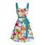 Robe de vacances à motif floral tropical et feuilles, ceinture froncée sur le buste, col en cœur, mini robe hawaïenne trapèze - Noir S | US 4