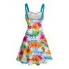 Robe de vacances à motif floral tropical et feuilles, ceinture froncée sur le buste, col en cœur, mini robe hawaïenne trapèze - Blanc XXXL | US 16