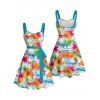 Robe de vacances à motif floral tropical et feuilles, ceinture froncée sur le buste, col en cœur, mini robe hawaïenne trapèze - Blanc XXXL | US 16