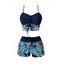 Maillot de Bain Rembourré Feuille Tropicale Imprimée à Bretelle Fine avec Nœud Papillon Deux Pièces - Bleu XXL | US 12
