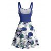 Robe gothique à motif floral et feuilles, buste froncé, ceinture, décolleté en cœur, coupe trapèze, mini robe de vacances - Bleu profond XXXXXL | US 20