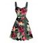 Robe de vacances à motif floral tropical et feuilles, ceinture froncée sur le buste, col en cœur, mini robe hawaïenne trapèze - Noir S | US 4