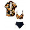 Vacation Couple Outfit Floral Print Twisted Lace Up Hollow Out Briefs Underwire Tankini Swimsuit and Button Up Shirt Beach Matching Outfit - Noir S | US 4