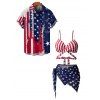 Independence Day Couple Outfit American Flag Print Crossover Briefs Side Tied Three Piece Bikini Swimsuit and Button Up Shirt Patriotic Matching Outfit - multicolor S | US 4