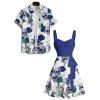 Vacation Couple Outfit Skulls Floral Leaf Pattern Ruched Bust Belt Sweetheart Neck Dress and Button Up Shirt Gothic Matching Outfit - Bleu profond S | US 4