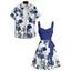 Vacation Couple Outfit Skulls Floral Leaf Pattern Ruched Bust Belt Sweetheart Neck Dress and Button Up Shirt Gothic Matching Outfit - Bleu profond S | US 4