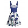 Vacation Couple Outfit Skulls Floral Leaf Pattern Ruched Bust Belt Sweetheart Neck Dress and Button Up Shirt Gothic Matching Outfit - Bleu profond S | US 4