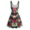 Vacation Couple Outfit Tropical Floral Leaf Pattern Ruched Bust Belt Dress and Button Up Shirt Hawaii Matching Outfit - Noir S | US 4