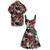 Vacation Couple Outfit Tropical Floral Leaf Pattern Ruched Bust Belt Dress and Button Up Shirt Hawaii Matching Outfit - Noir S | US 4