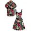 Vacation Couple Outfit Tropical Floral Leaf Pattern Ruched Bust Belt Dress and Button Up Shirt Hawaii Matching Outfit - Noir S | US 4