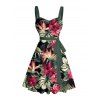 Vacation Couple Outfit Tropical Floral Leaf Pattern Ruched Bust Belt Dress and Button Up Shirt Hawaii Matching Outfit - Noir S | US 4