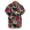 Vacation Couple Outfit Tropical Floral Leaf Pattern Ruched Bust Belt Dress and Button Up Shirt Hawaii Matching Outfit - Noir S | US 4