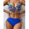 Maillot de bain tankini à imprimé floral, bretelles spaghetti torsadées, lacets, ajouré, à armatures, push-up, pour les vacances - Bleu XL | US 10